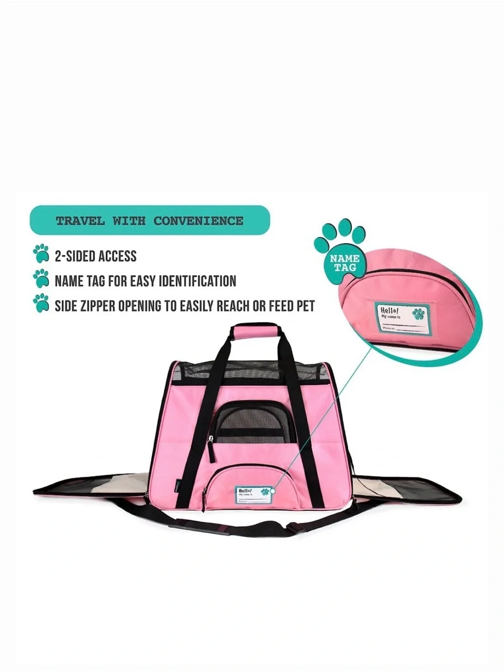 PetAmi Pink Small Pet Carrier Tote 11x17x10 with Travel Bowl